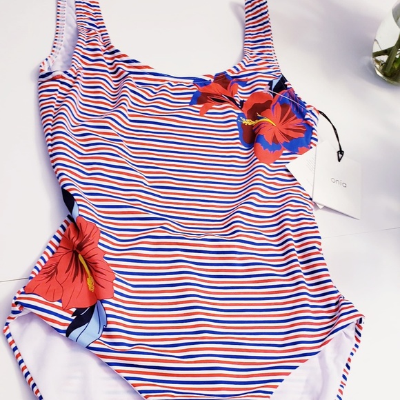 $195 NEW ANTROPOLOGIE x ONIA One Piece Red Blue S M Floral Striped Slim Fitted - Picture 3 of 11
